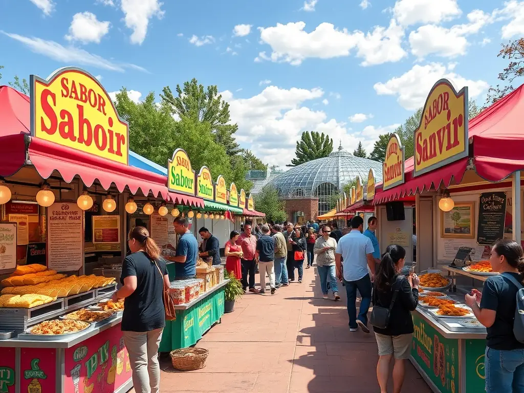 A colorful image showcasing a variety of food vendors at Sabor Denver, offering traditional Hispanic dishes and culinary delights.