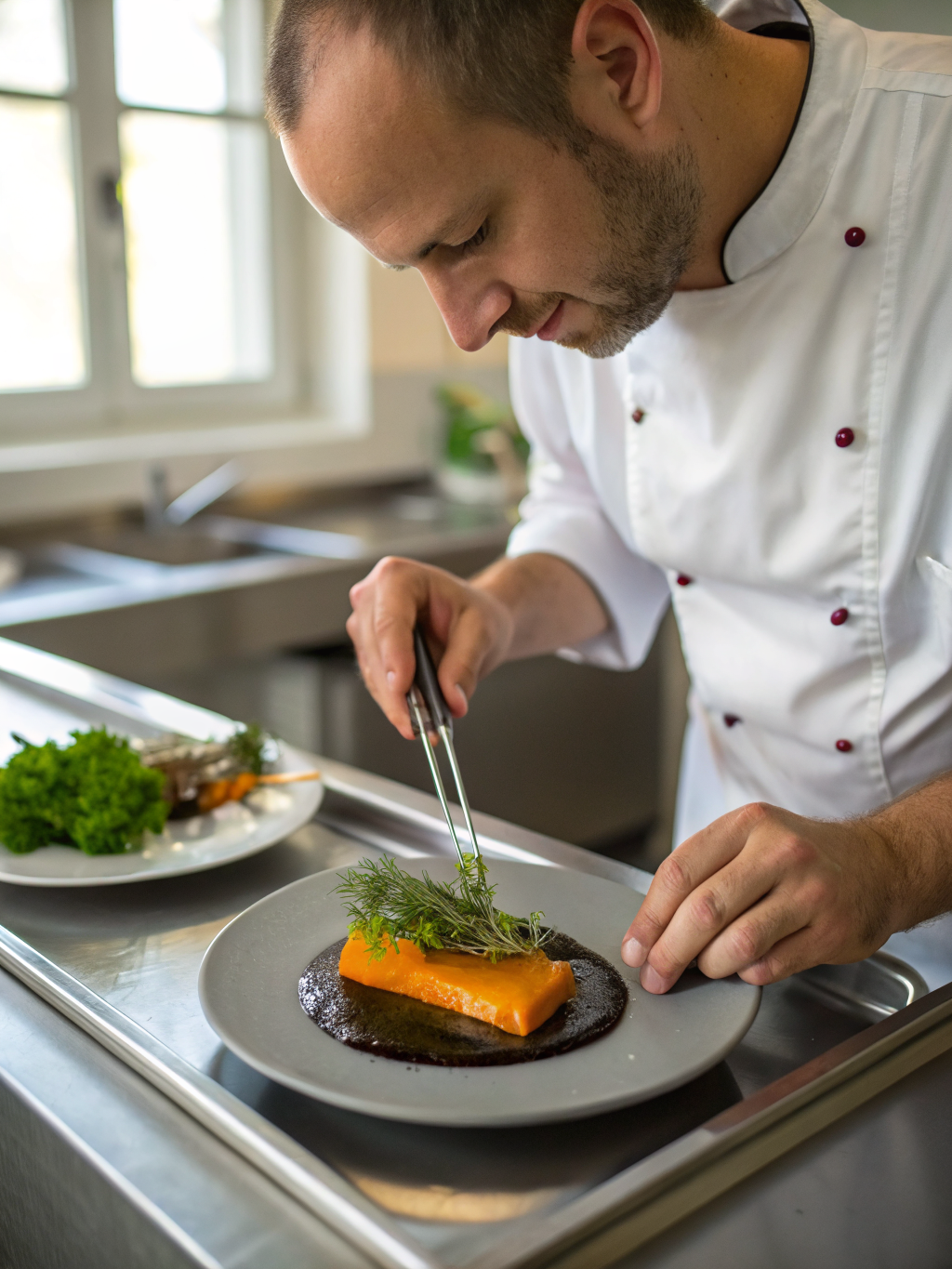 Chef meticulously plating a signature dish