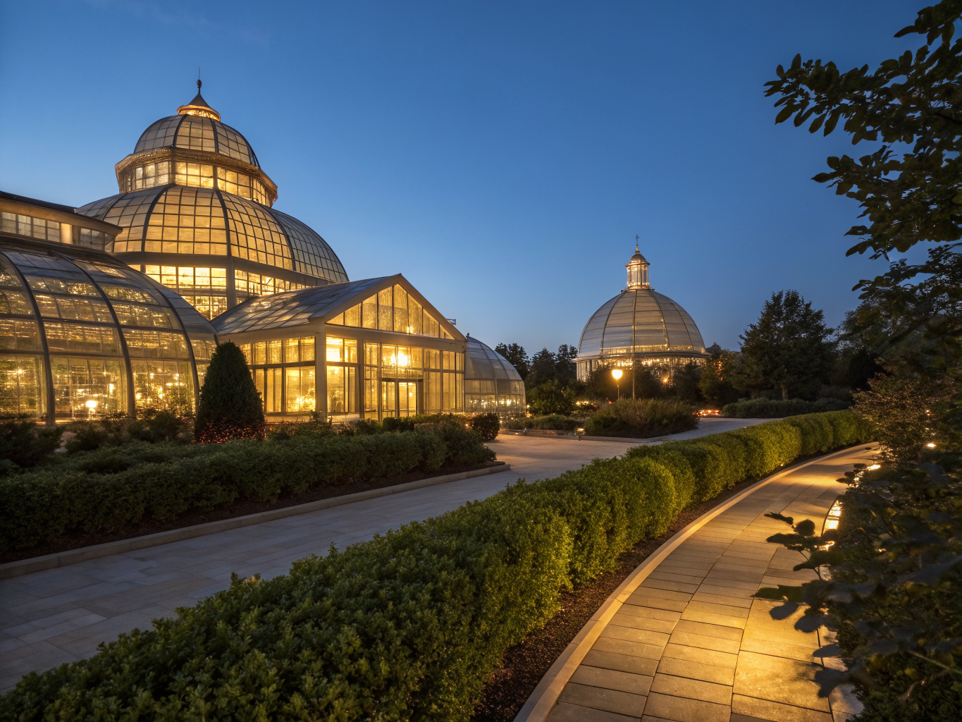 Twilight view of the Denver Botanic Gardens with ambient lighting